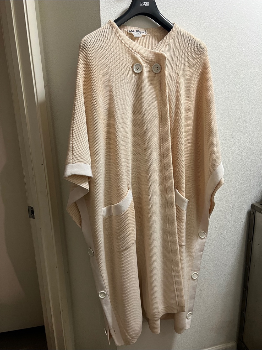 Salvatore Ferragamo Cream Ribbed Button-Front Cape Rare